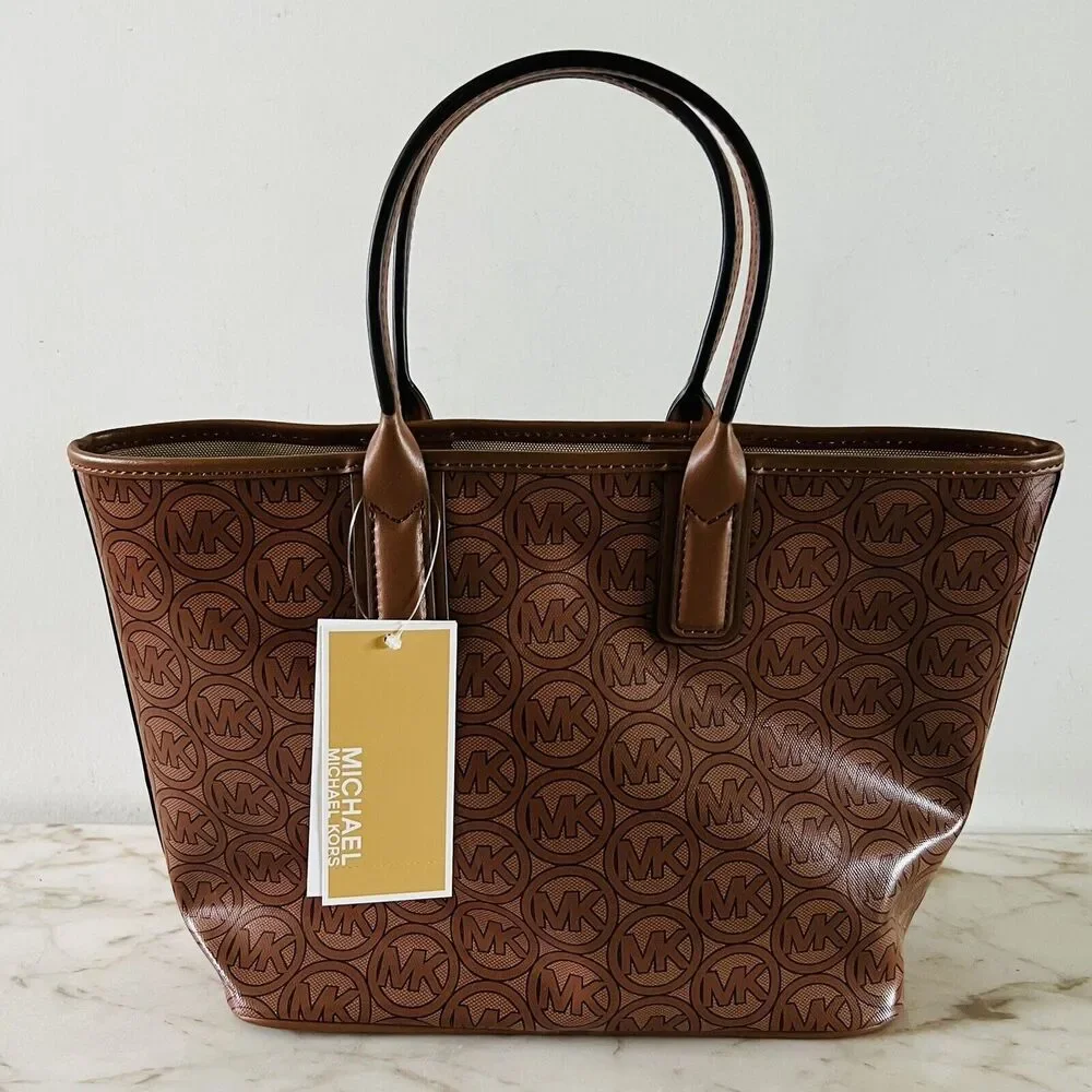 MICHAEL KORS Jodie Luggage Brown Tan Logo Print Small Tote Bag